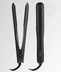 Black hair straightener showing two plates and one closed side view