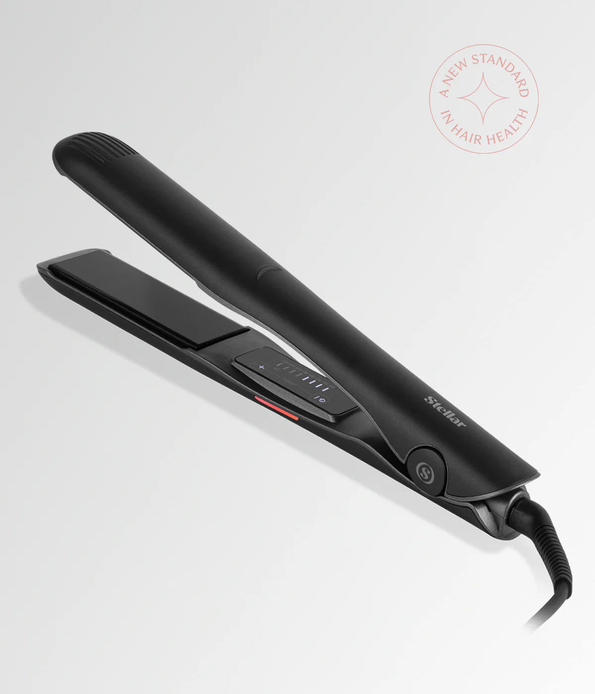 Black hair straightener with open plates, power button, and indicator light