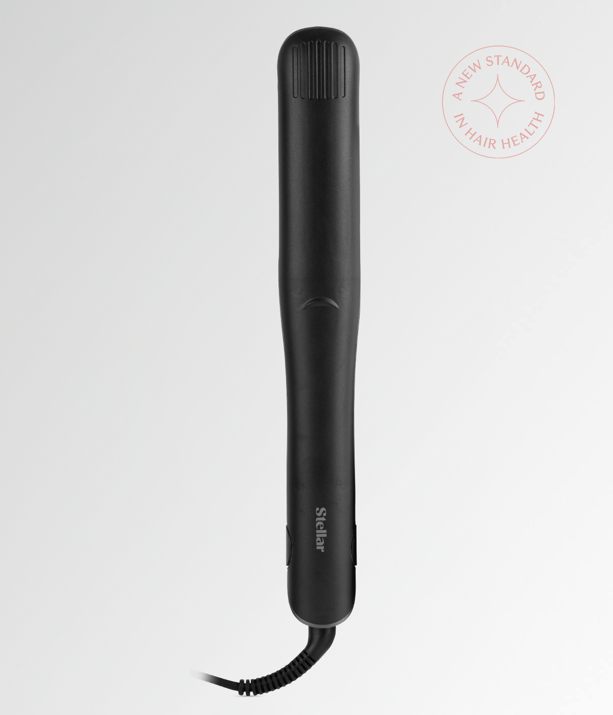 Black hair straightener with smooth handle and hanging cord