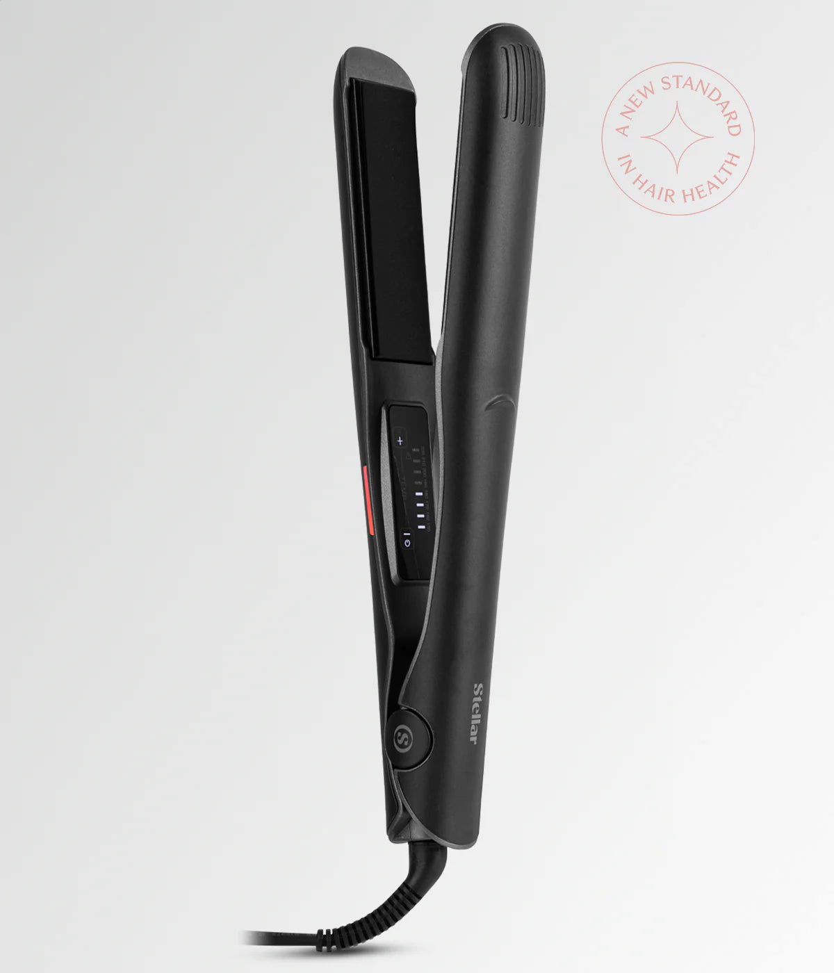 Black hair straightener with side display panel and vented housing