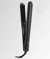 Black hair straightener with side display panel and vented housing