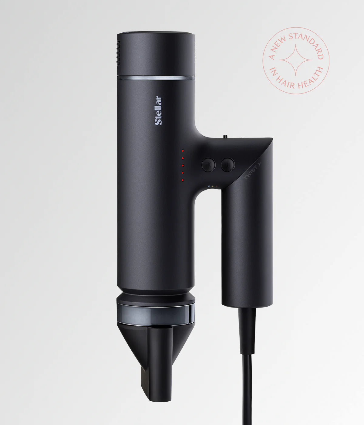 Black Stellar OmniFlex hair dryer with concentrator nozzle and power cord