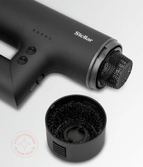 Black hair dryer with front mesh filter and removable round grille piece