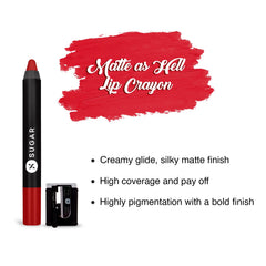 Red matte lip crayon with black cap; “Matte as Hell Lip Crayon” text and swatch.
