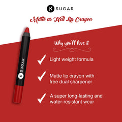 Red matte lip crayon with black cap; “Why you’ll love it” panel with checkmarks.