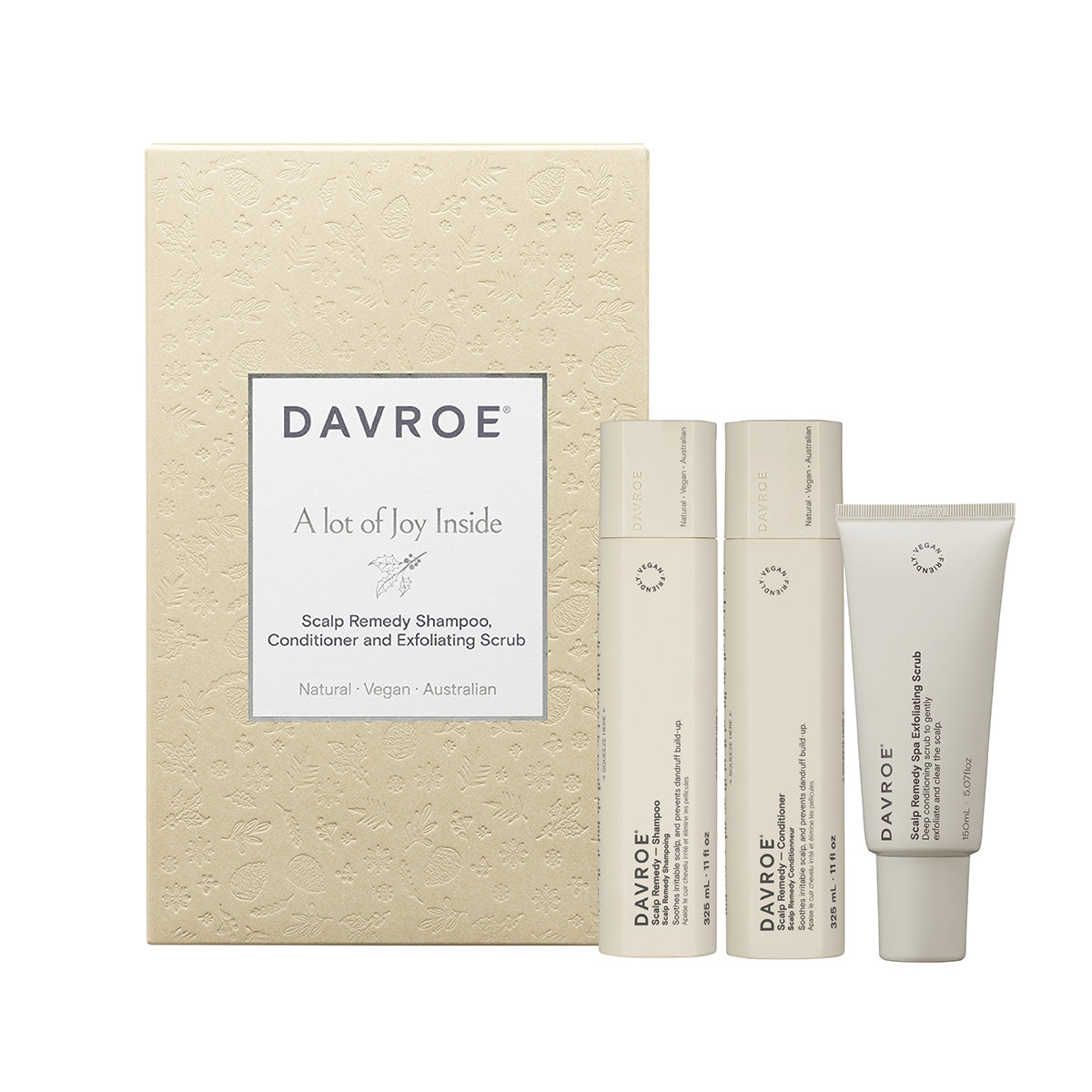 Davroe scalp remedy gift set box with shampoo, conditioner, and exfoliating scrub tubes