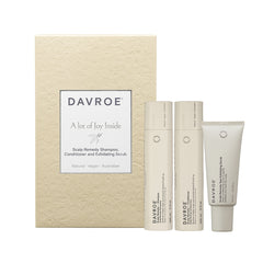 Davroe scalp remedy gift set box with shampoo, conditioner, and exfoliating scrub tubes