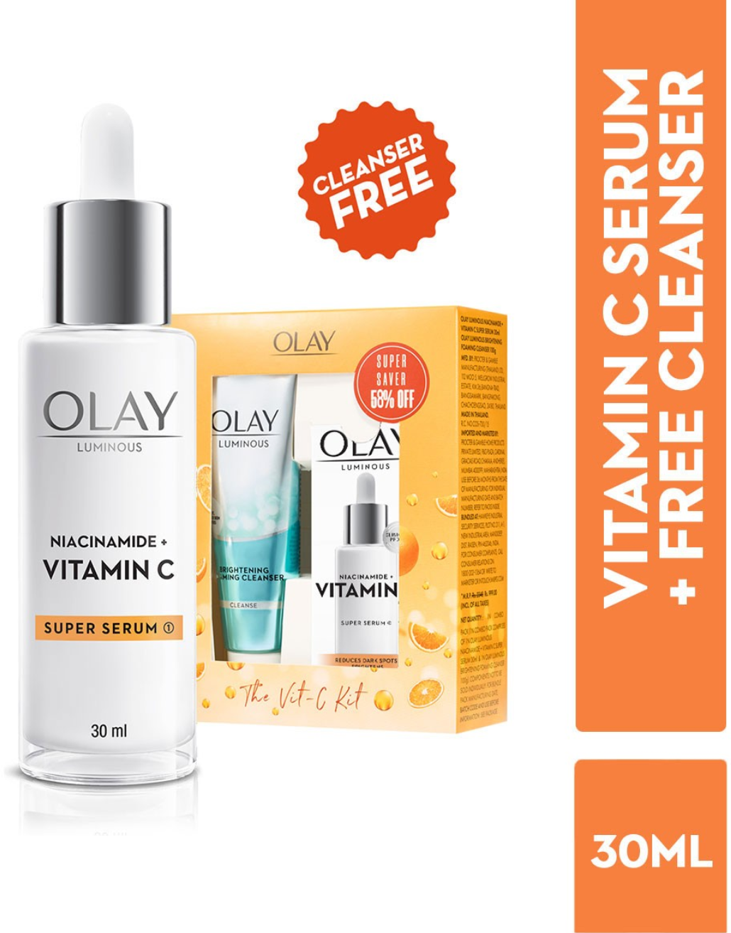 Olay Hydration Boost Kit With Niacinamide Vitamin-C Super Serum 30ml & Cleanser For Intense Hydration & Dewy Glow 100g