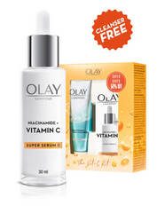 Olay Hydration Boost Kit With Niacinamide Vitamin-C Super Serum 30ml & Cleanser For Intense Hydration & Dewy Glow 100g