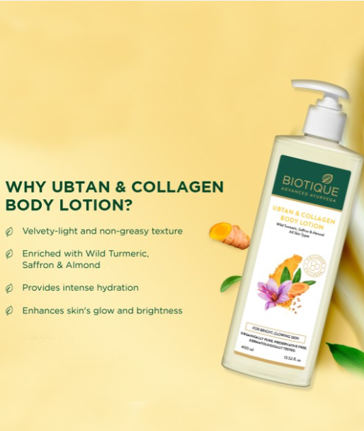 Biotique Ubtan & Collagen Body Lotion With Saffron & Almond 400ml
