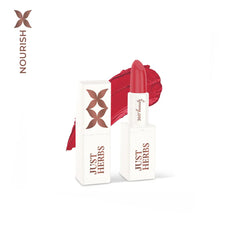 Mini herb-enriched lipstick, peach-pink shade 02 Kriystal, in white box packaging