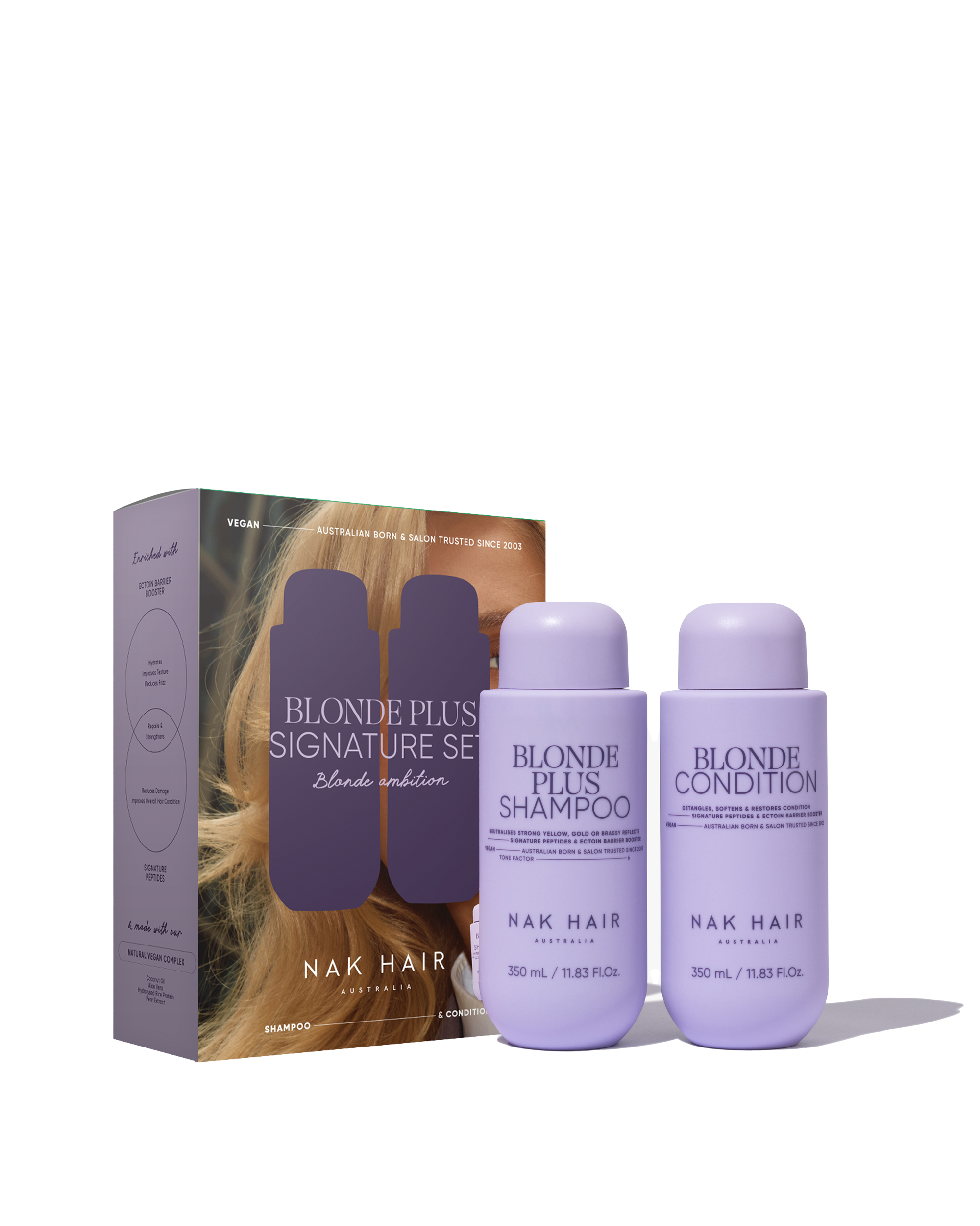 Nak Signature Blonde Plus duo pack: two lavender bottles with shampoo and conditioner
