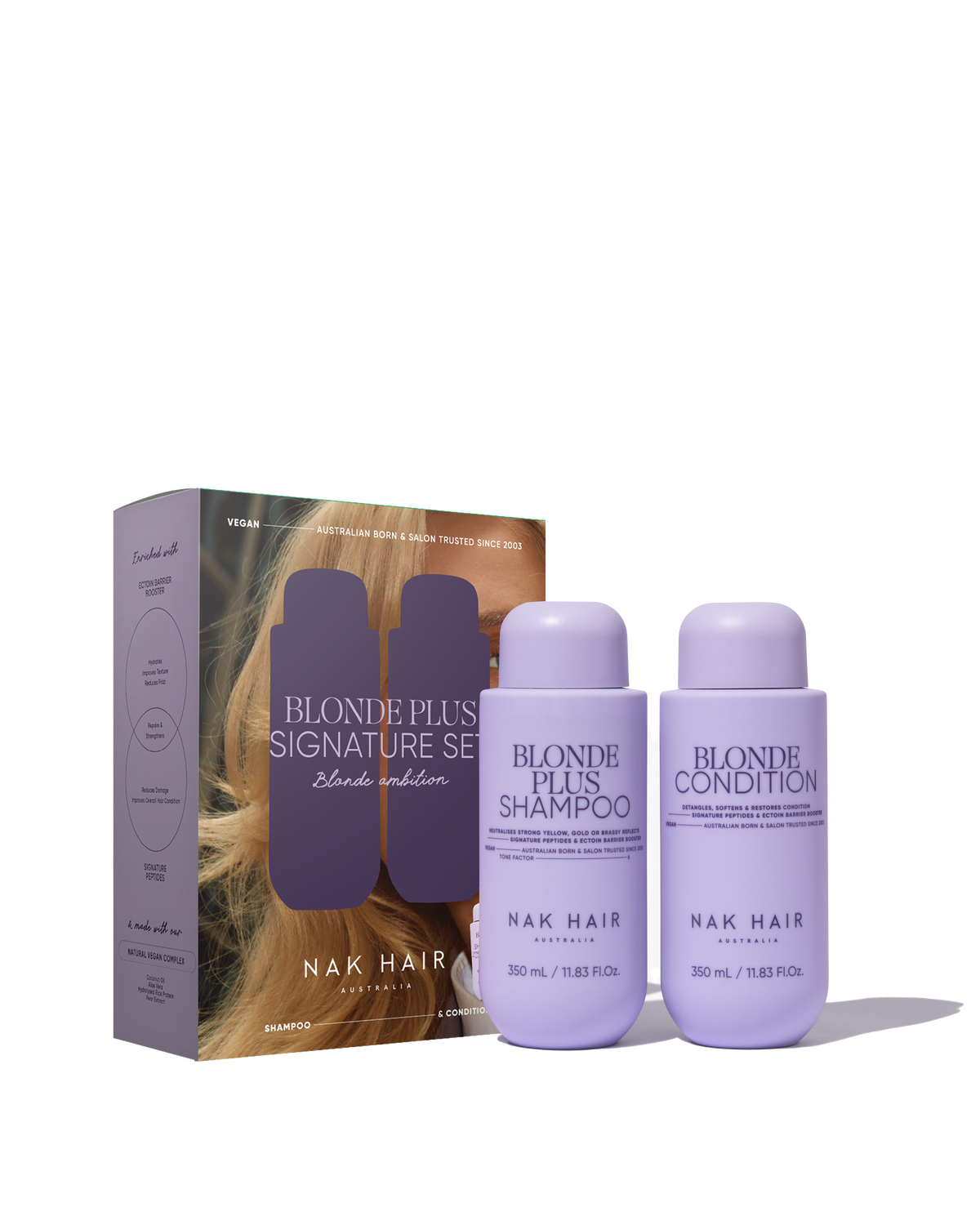 Nak Signature Blonde Plus duo pack: two lavender bottles with shampoo and conditioner