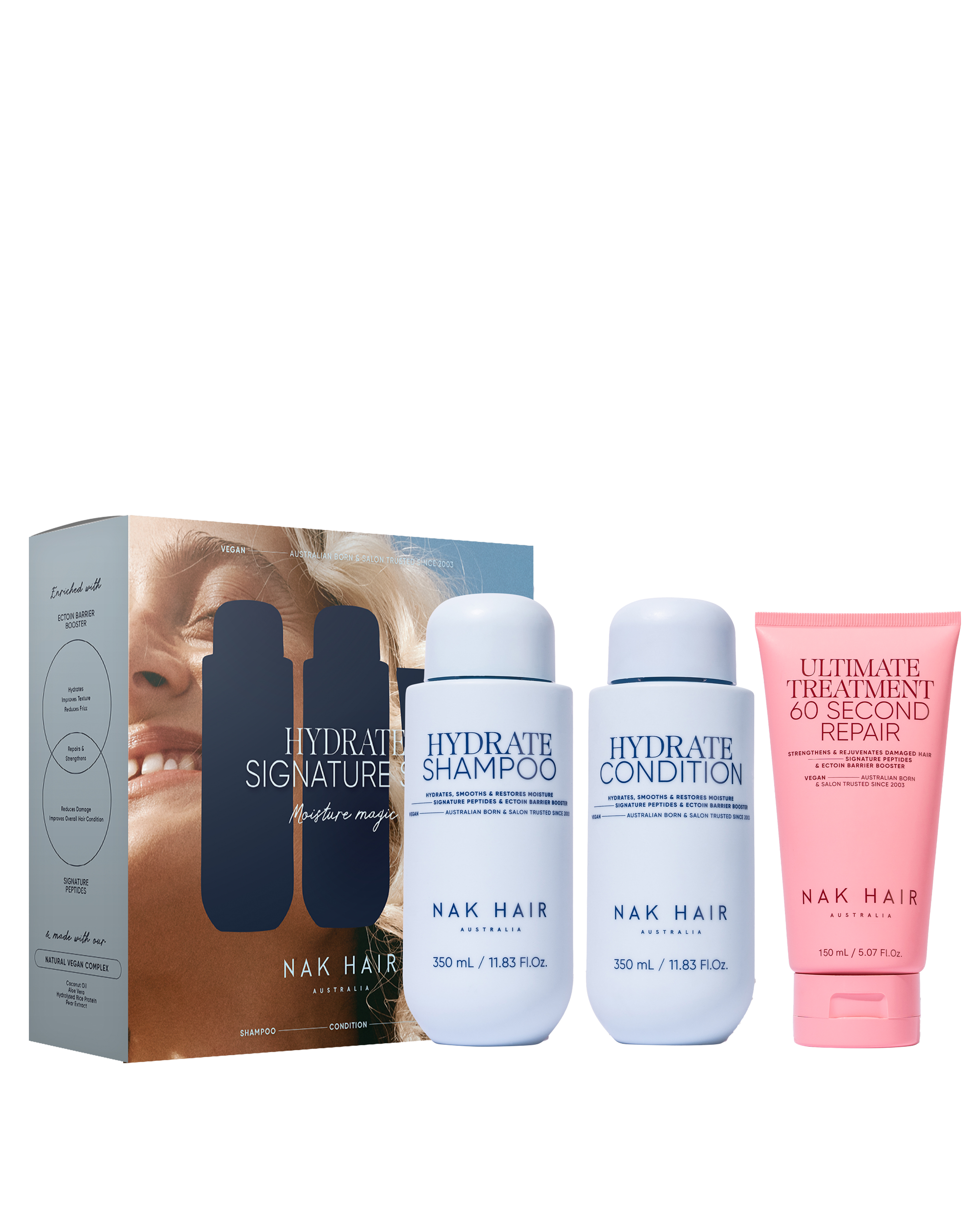 Nak Hydrate Trio pack bottles and box set: hydrate shampoo and conditioner plus repair cream