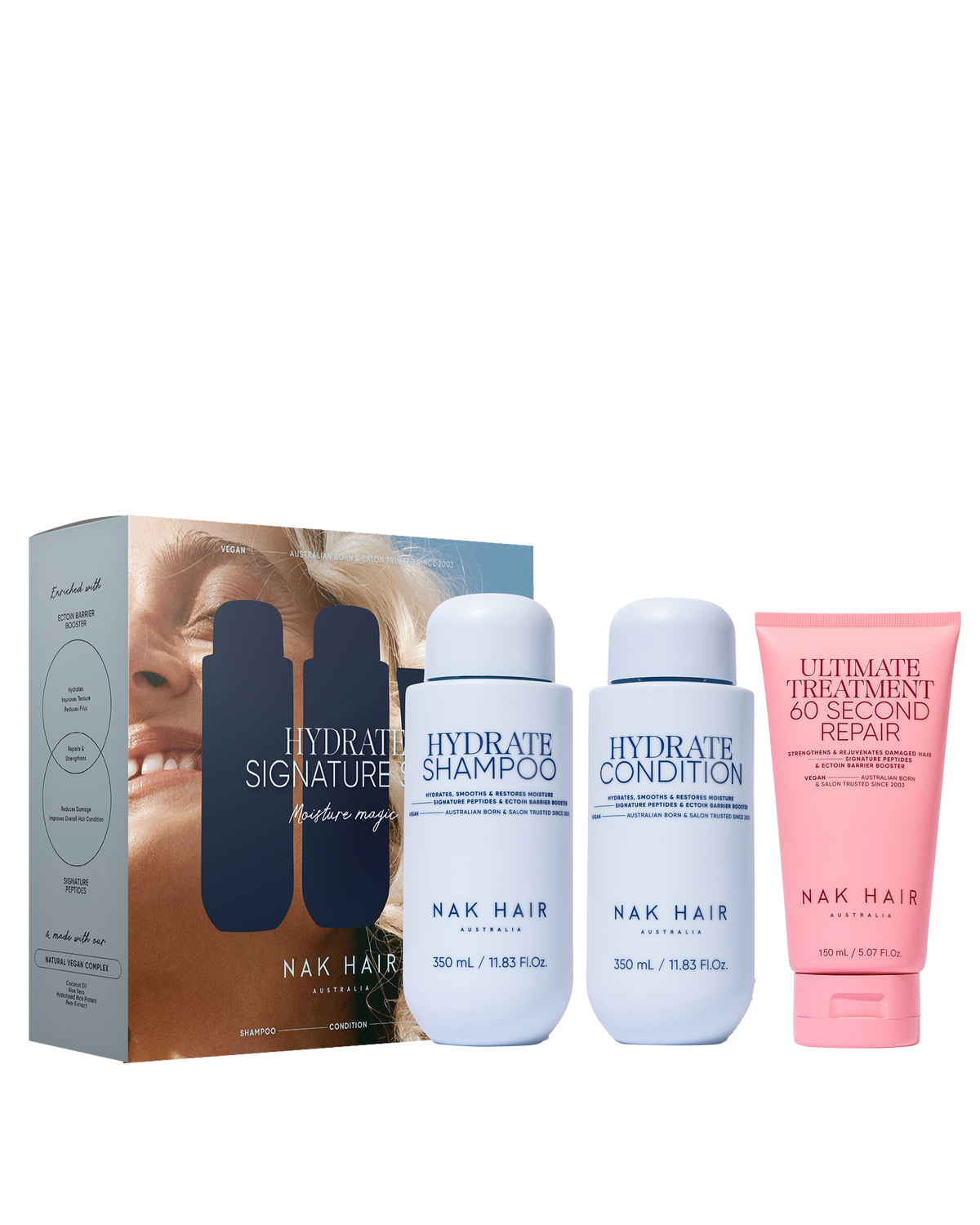 Nak Hydrate Trio pack bottles and box set: hydrate shampoo and conditioner plus repair cream