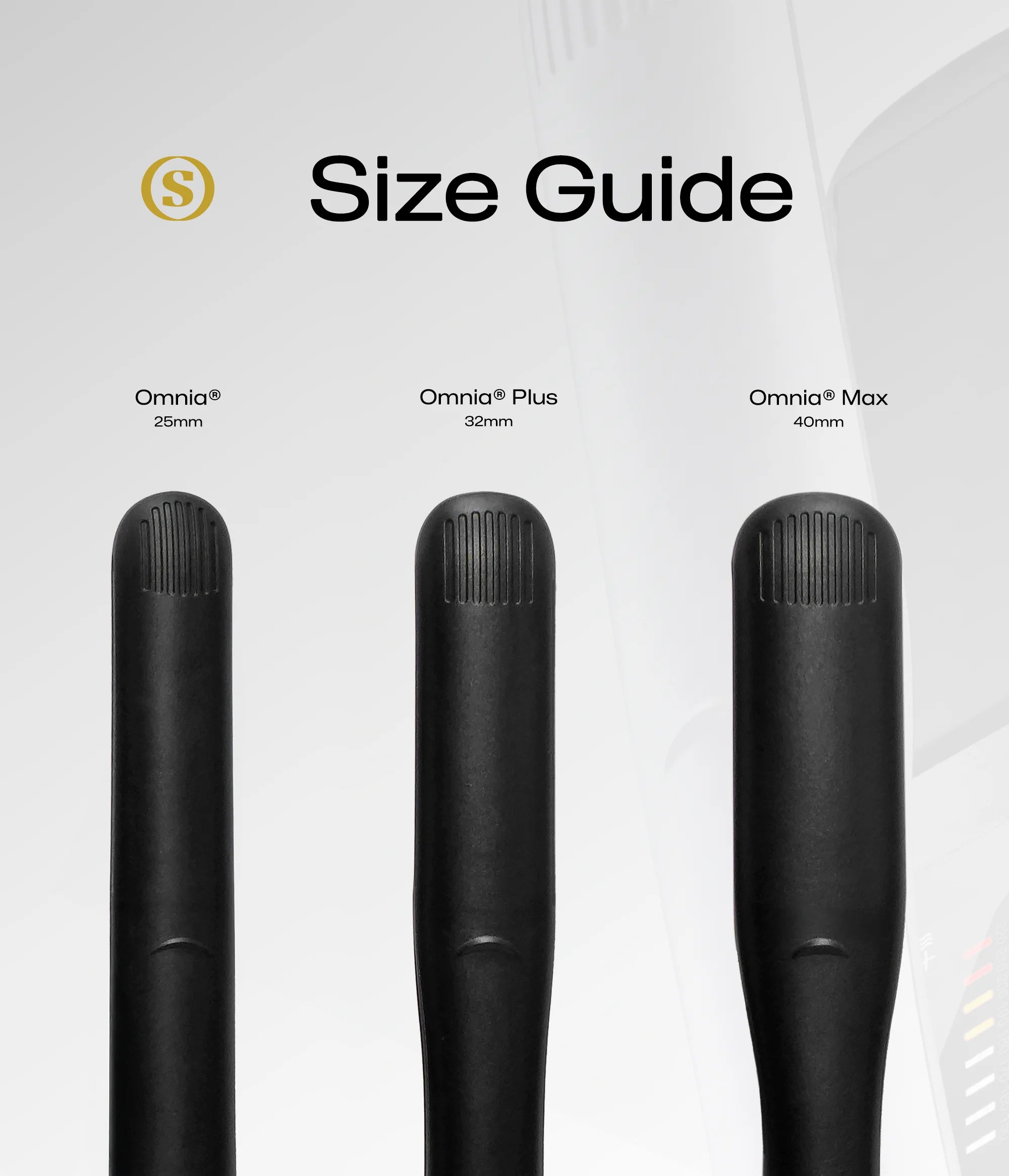 Black cylindrical device caps with ridged tops, three sizes shown in guide