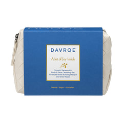 Blue Davroe travel toiletry pack box with front label
