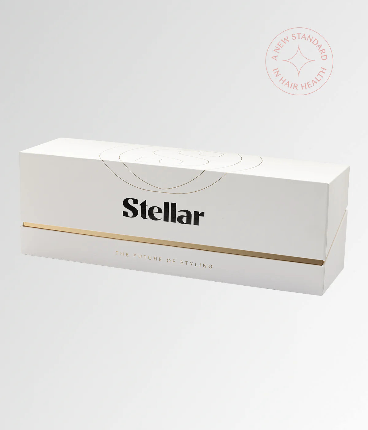 Stellar hair straightener box packaging with gold stripe and logo