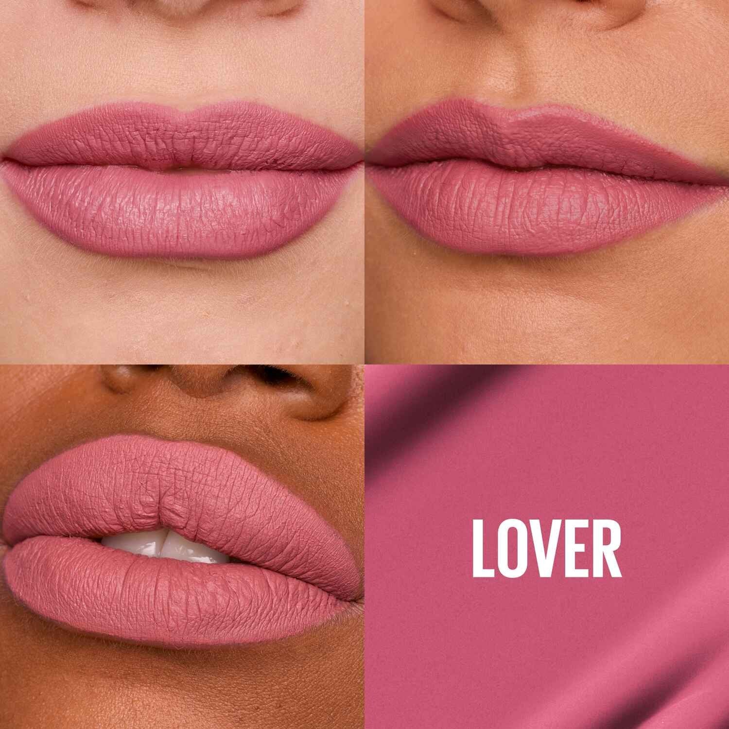 Mauve-pink matte liquid lipstick on closed lips