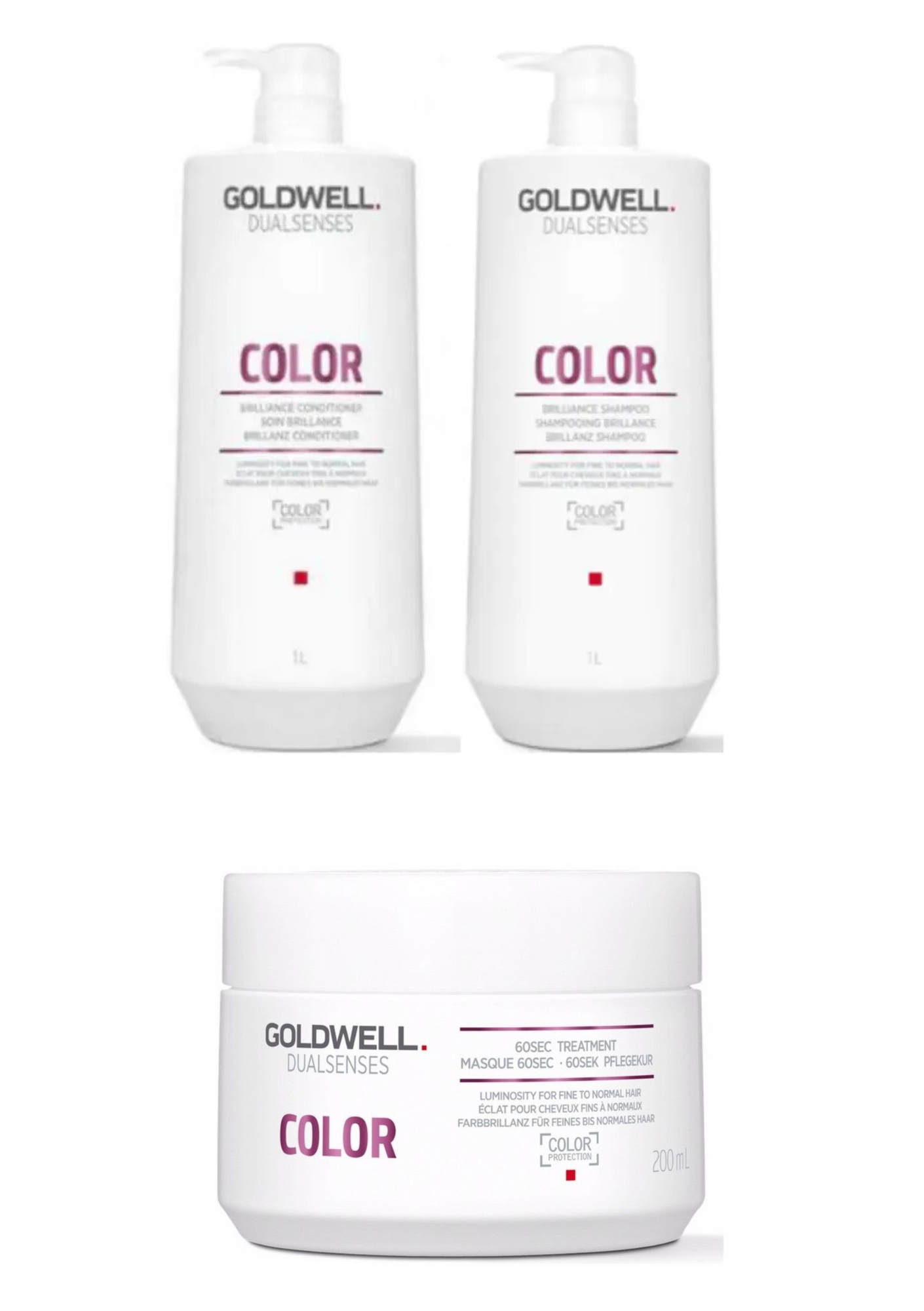 Goldwell Dualsenses Color hair care bottles and treatment jar, white with pumps and lid