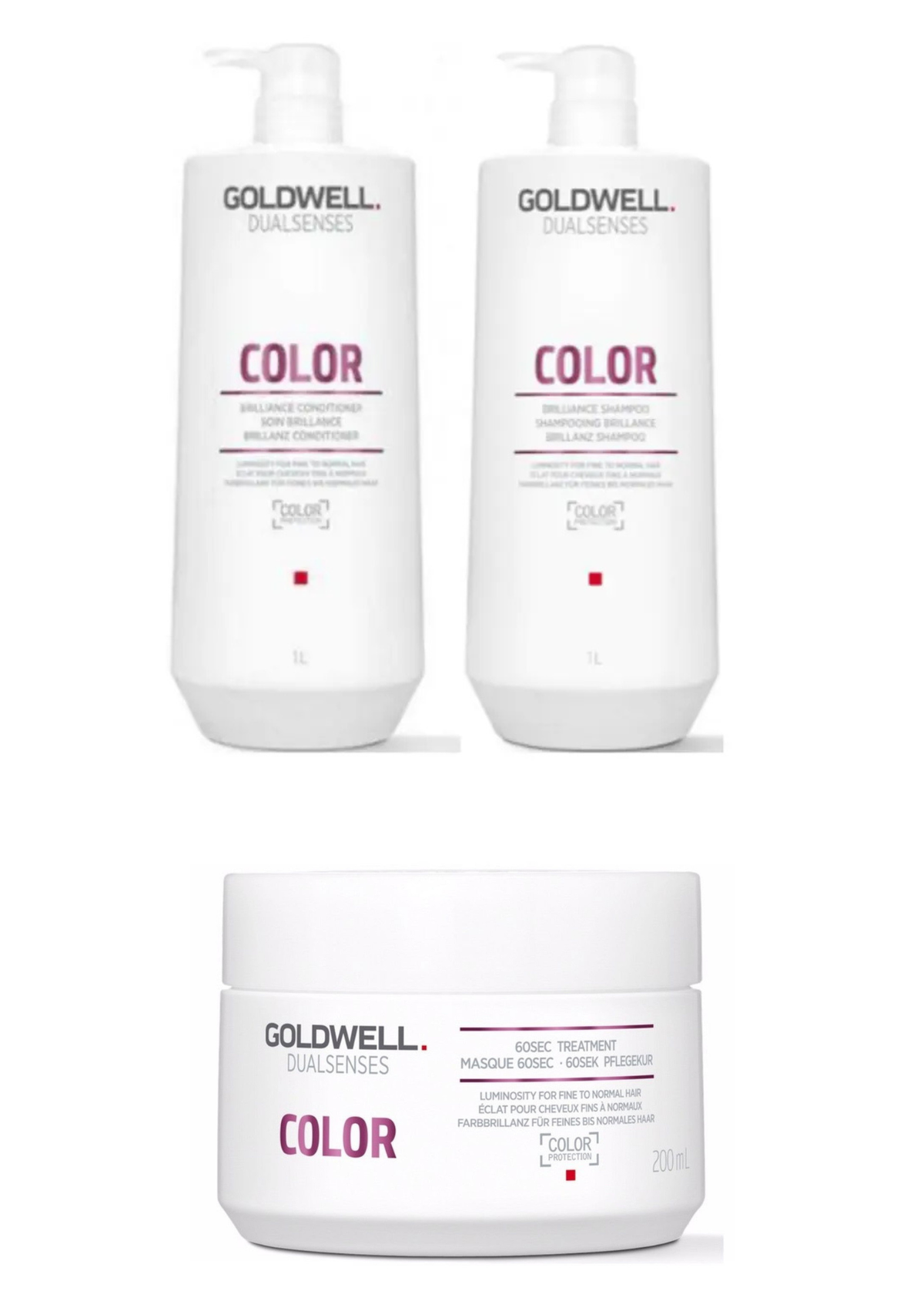 Goldwell Dualsenses Color hair care bottles and treatment jar, white with pumps and lid