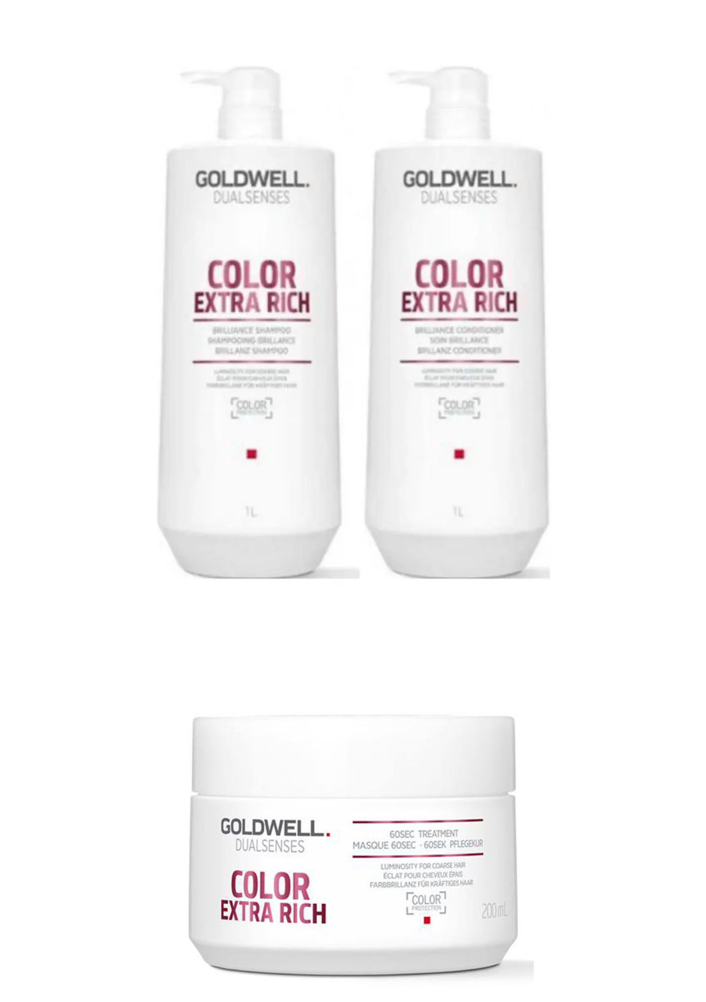 Goldwell Dualsenses Color Extra Rich shampoo bottles, 1L and 1L