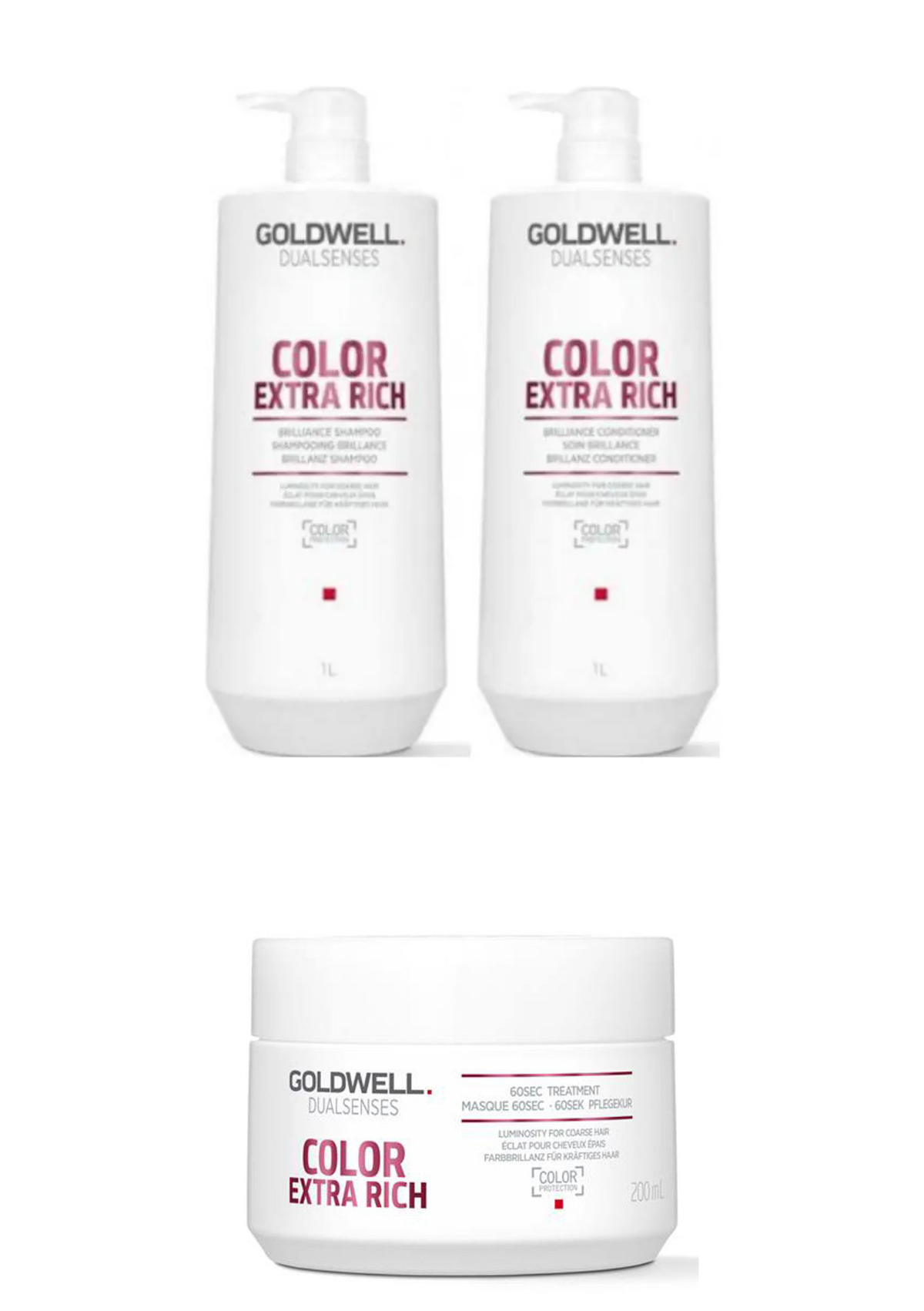 Goldwell Dualsenses Color Extra Rich shampoo bottles, 1L and 1L