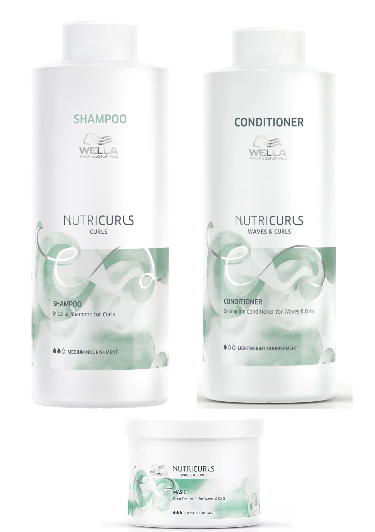Wella NutriCurls Micellar Curls Shampoo 1000ml, Detangling Conditioner 1000ml & Deep Treatment Mask 500ml  Bundle