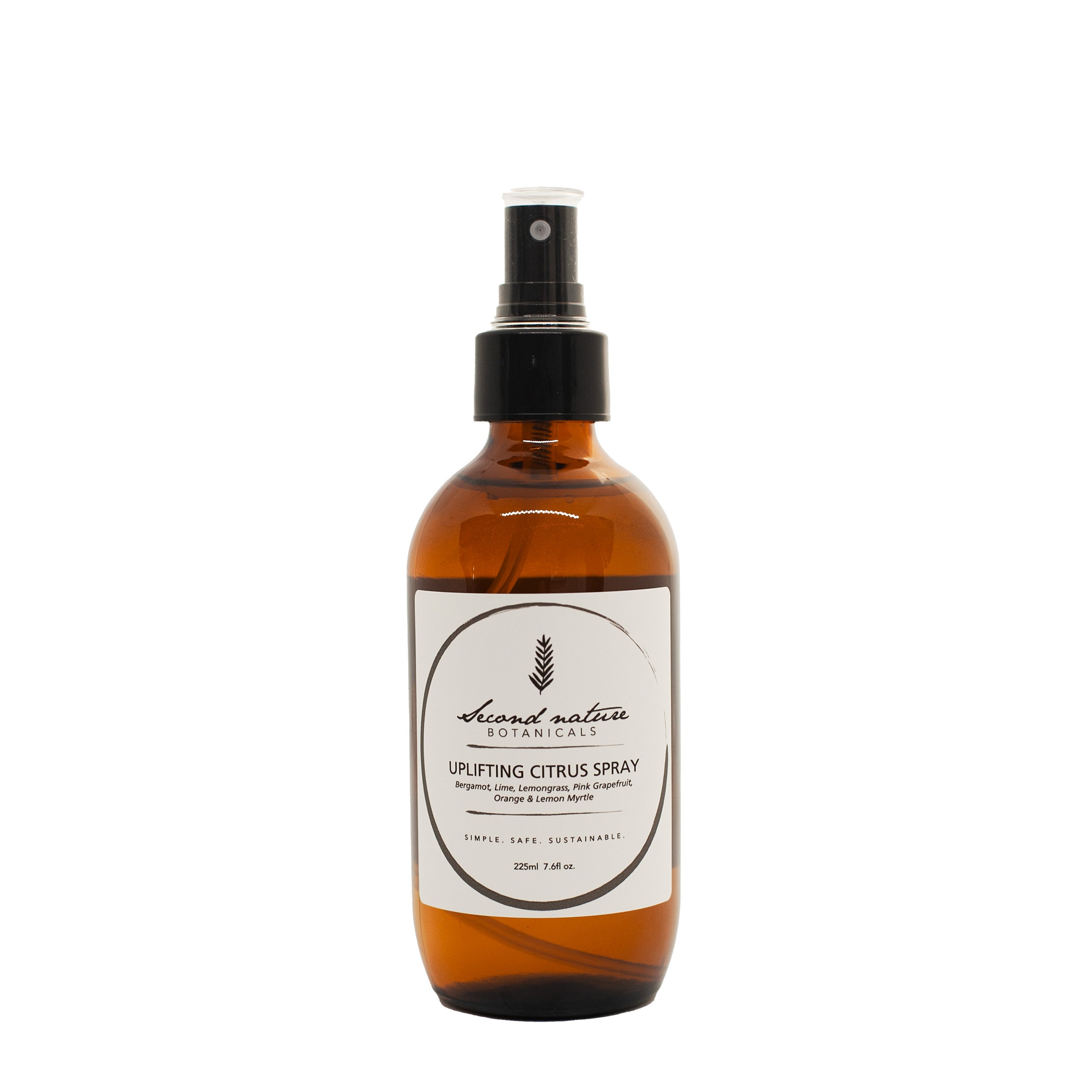 Second Nature Botanicals room spray bottle, amber glass with pump sprayer, citrus label