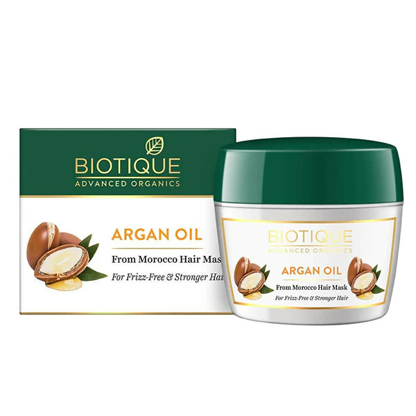 Biotique Argan Oil hair mask jar with matching box, green cap and white label