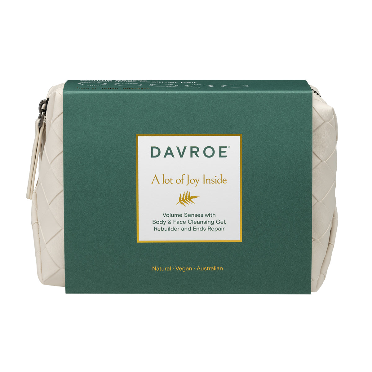 Green zip travel pouch with Davroe logo and A lot of Joy Inside print