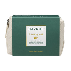 Green zip travel pouch with Davroe logo and A lot of Joy Inside print