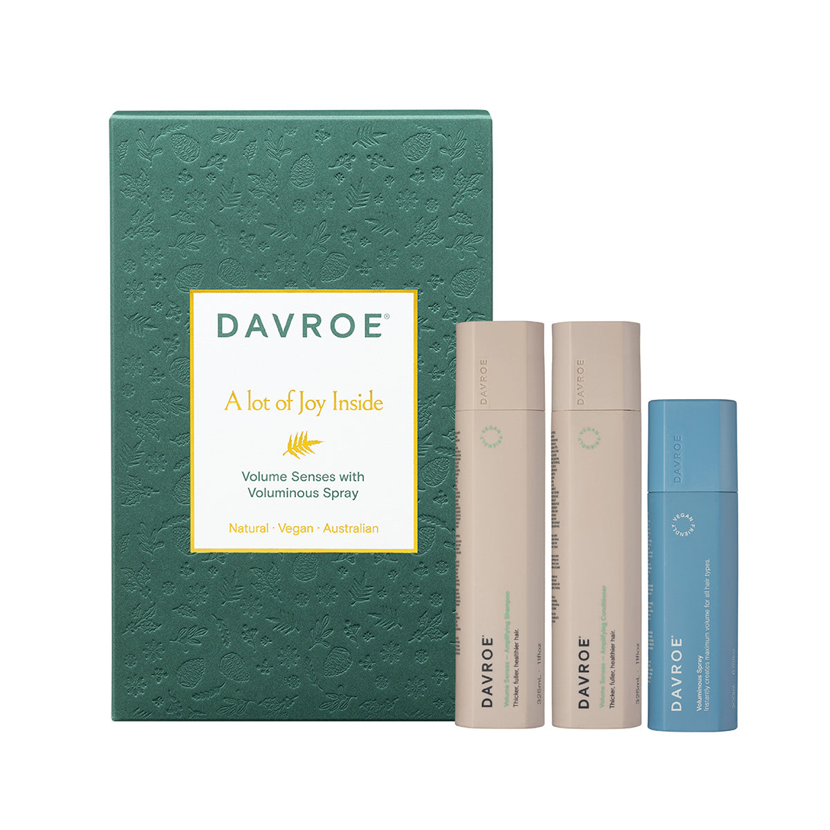 Davroe volume senses gift trio pack with green box and three slim spray bottles