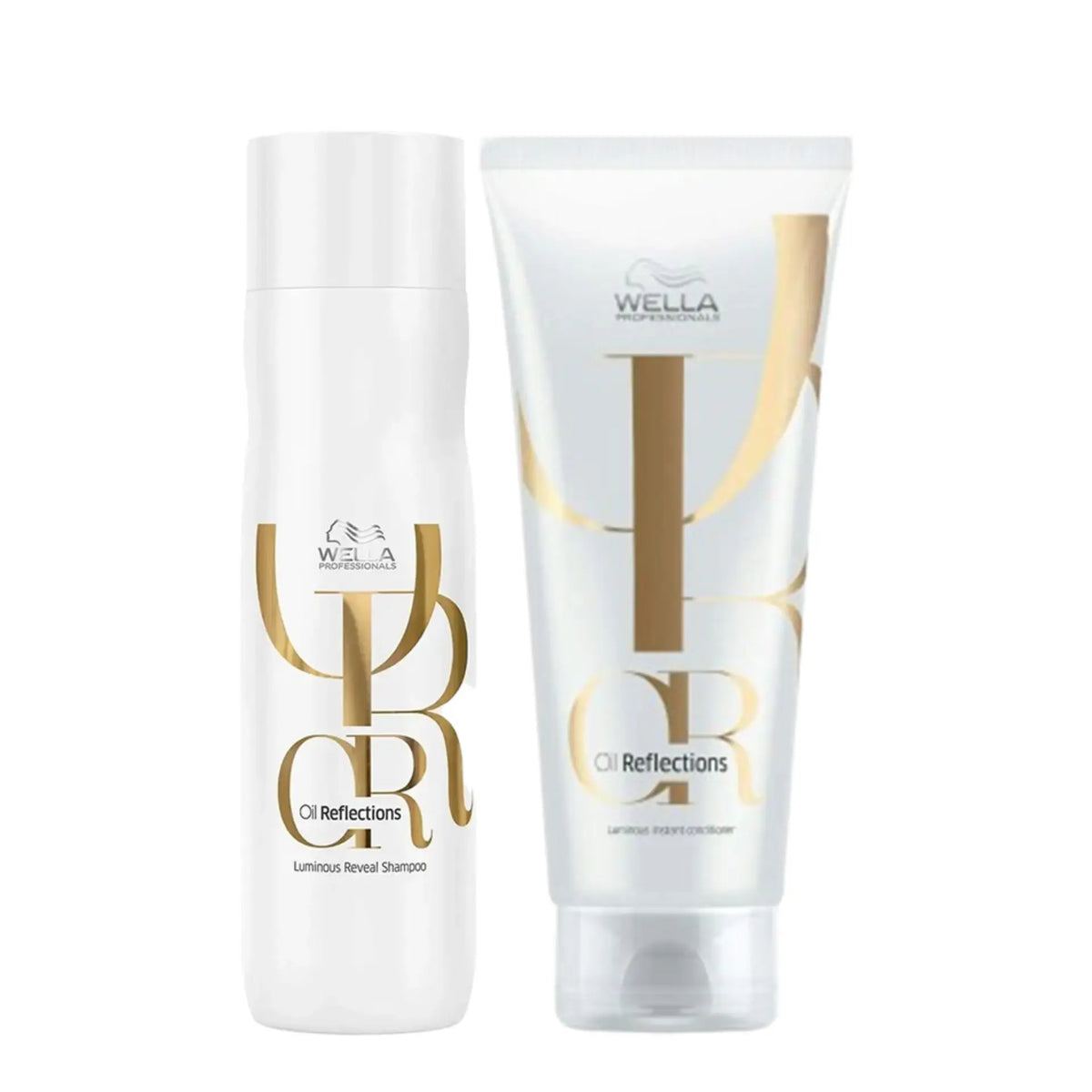 Wella Oil Reflections luminous shampoo and conditioner bottles, white and gold