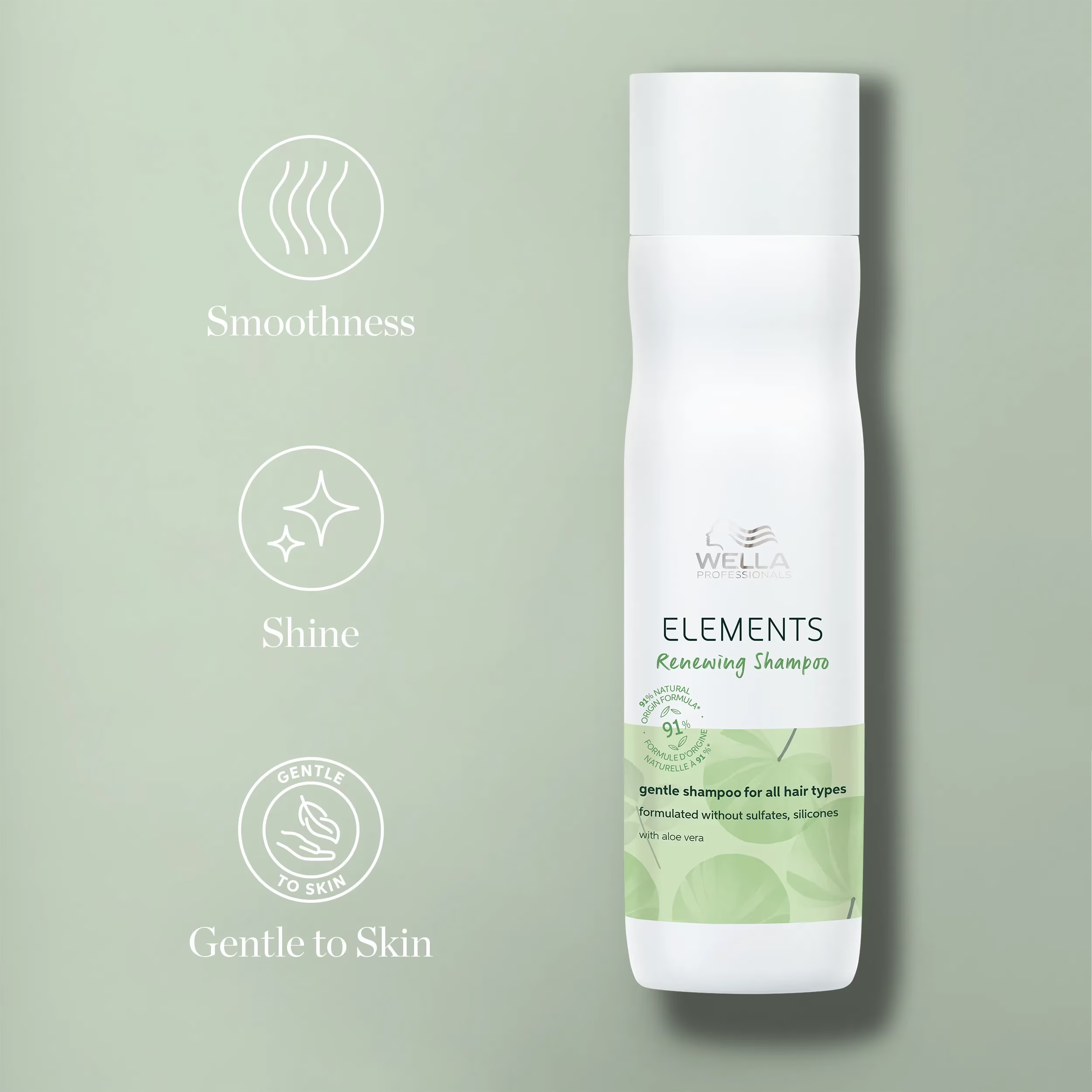 Renewing shampoo bottle with green label and white cap