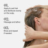 Shampoo application: hands massaging lather into wet hair