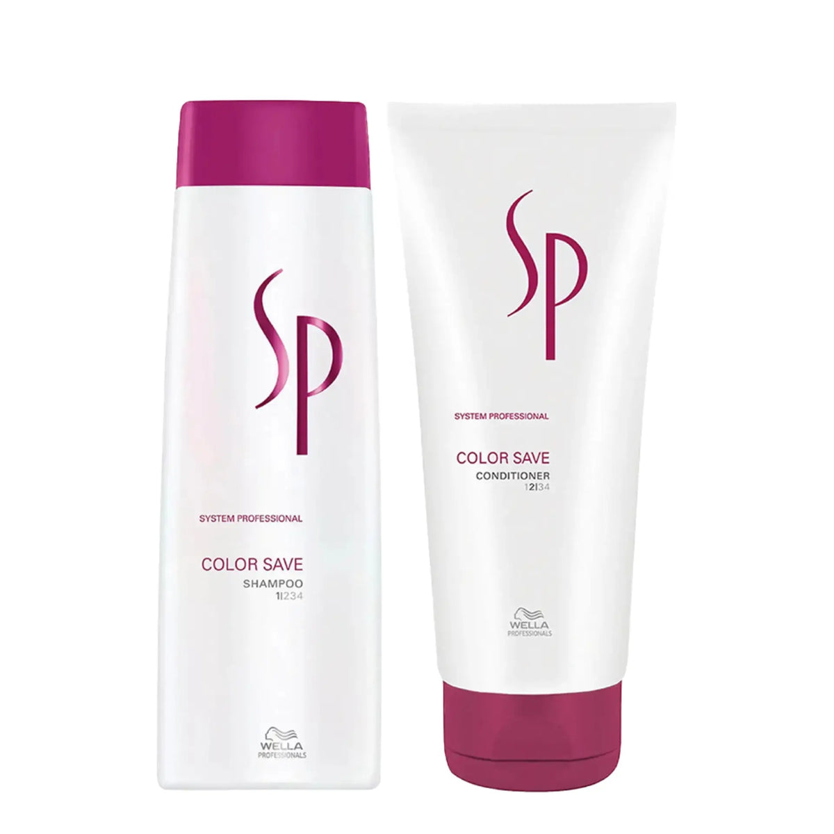 Hair care shampoo and conditioner bundle, white bottles with purple caps and SP branding