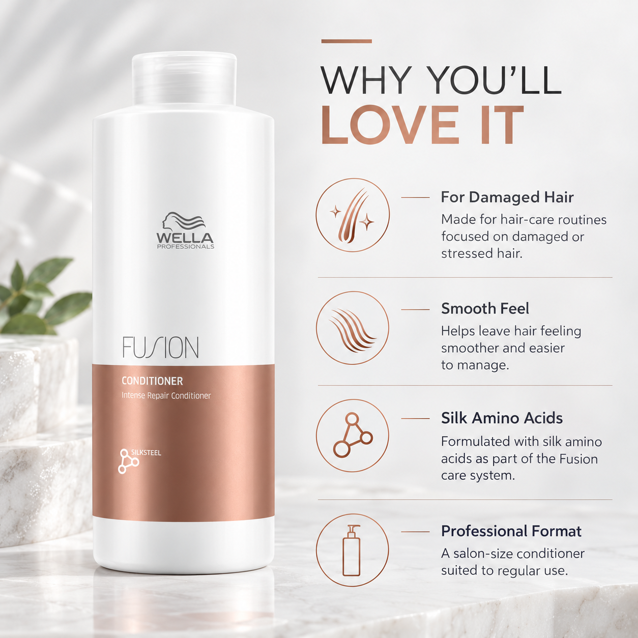 Wella Fusion Intense Repair Conditioner bottle with rose-gold label band, 1 L
