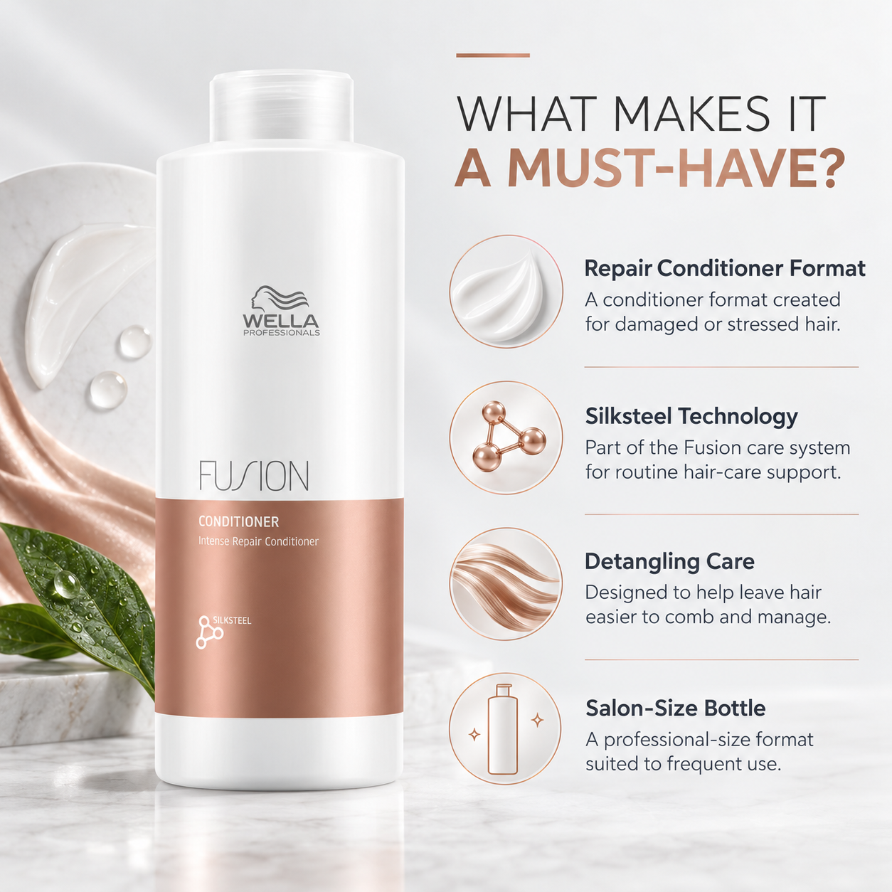 Wella Fusion repair conditioner bottle in white with rose-gold band, front view