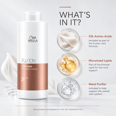 Wella Fusion Intense Repair Conditioner bottle with circular ingredient detail beside it