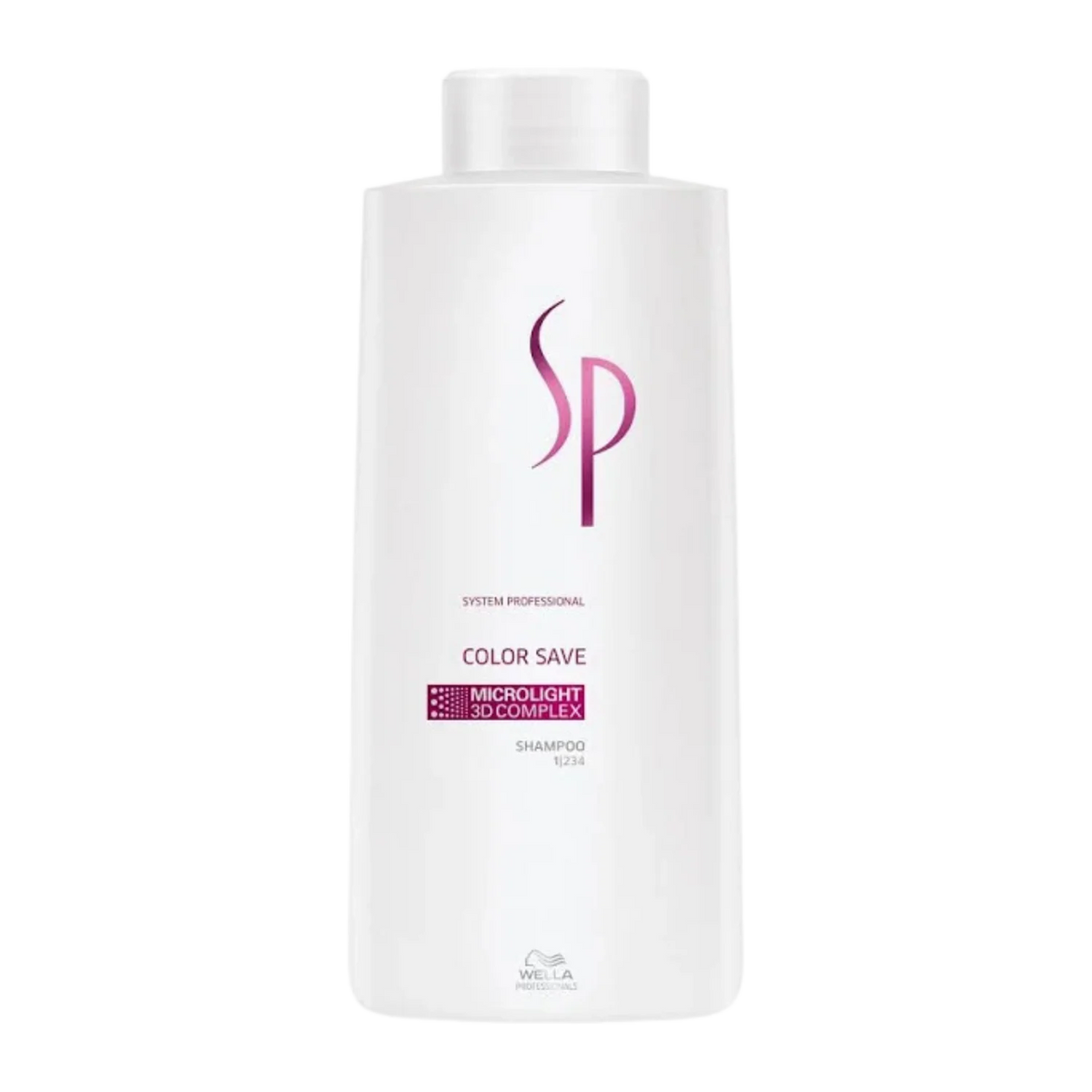Wella SP Color Save shampoo bottle, white with SP logo and Microlight system label
