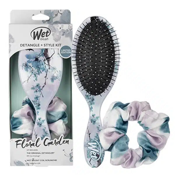Floral garden detangle brush kit with white bristles and matching hair scrunchie