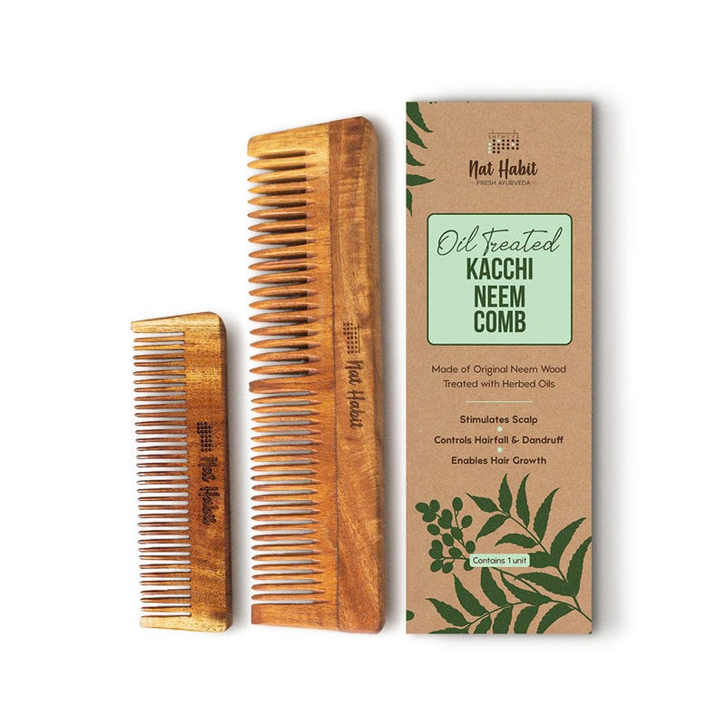 Nat Habit - Oil Treated Kacchi Neem Dual Tooth & Fine Tooth Pocket Comb Combo