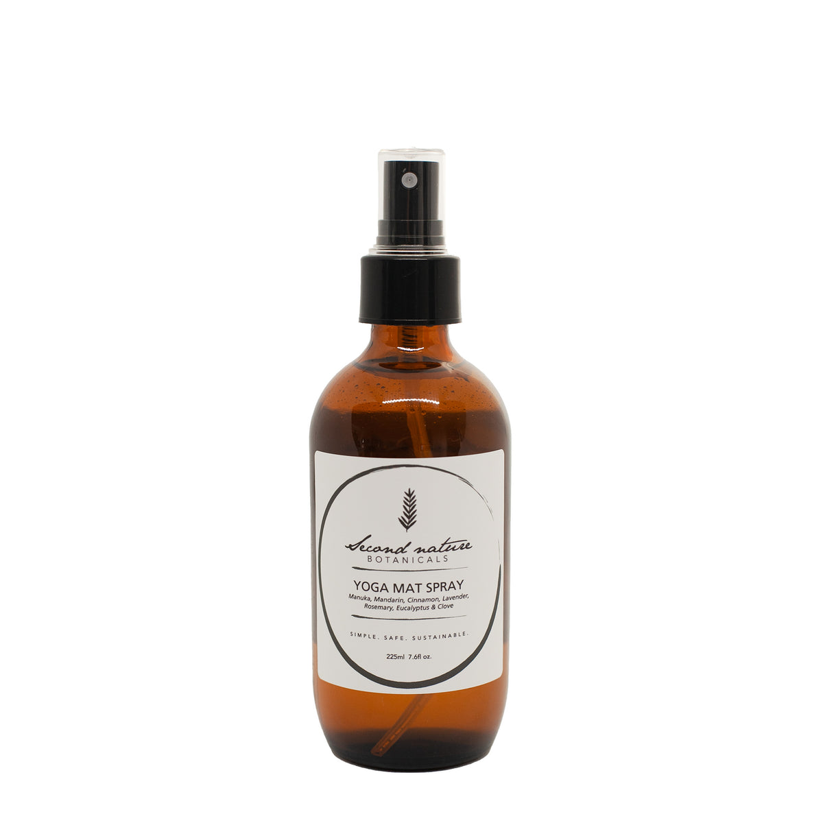 Yoga mat spray bottle, amber liquid with black pump and front label