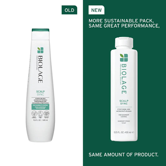 Biolage Scalp Sync anti-dandruff shampoo bottles, white plastic with flip-top caps