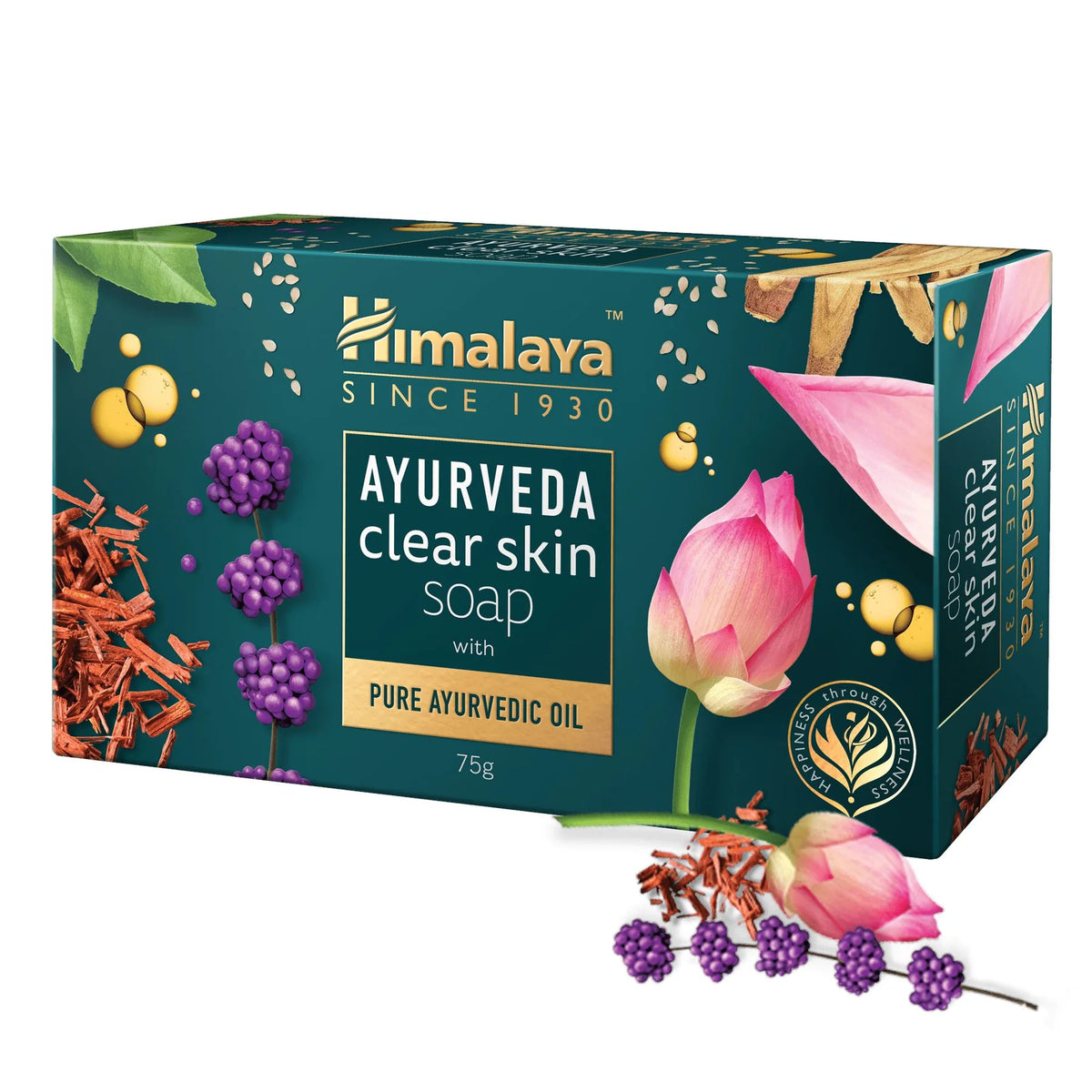 Himalaya Ayurveda Clear Skin Soap 75g carton and bar with floral and herb graphics