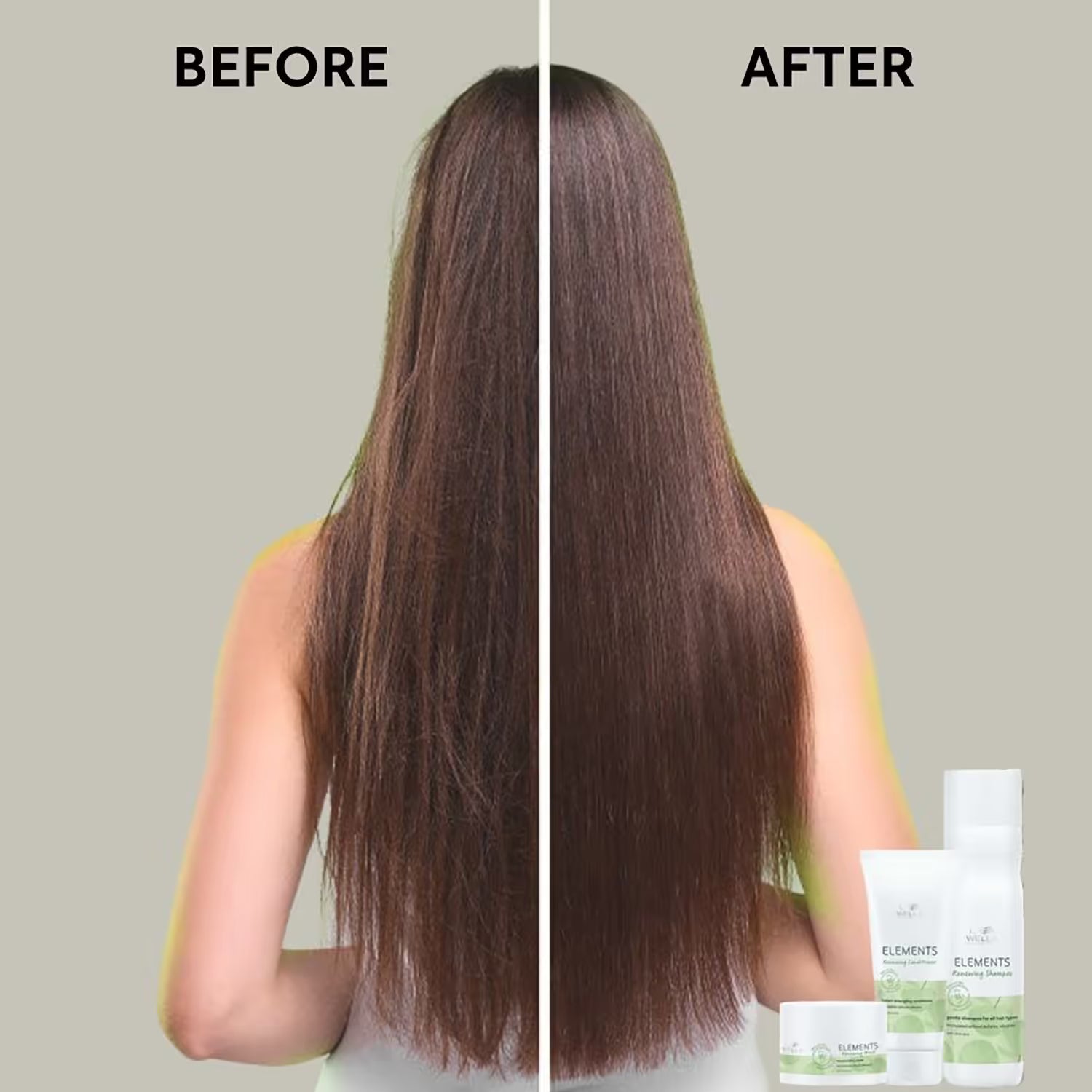 Hair before-and-after split with hair care products at right