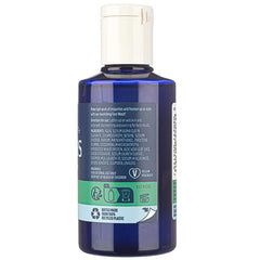 Face wash bottle back view, blue transparent plastic with white cap and product info label