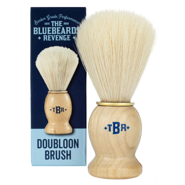 Synthetic shaving brush with pale bristles and light wood *TBR* handle, with box
