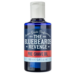 Pre-shave oil bottle with blue label and white cap, 100 ml
